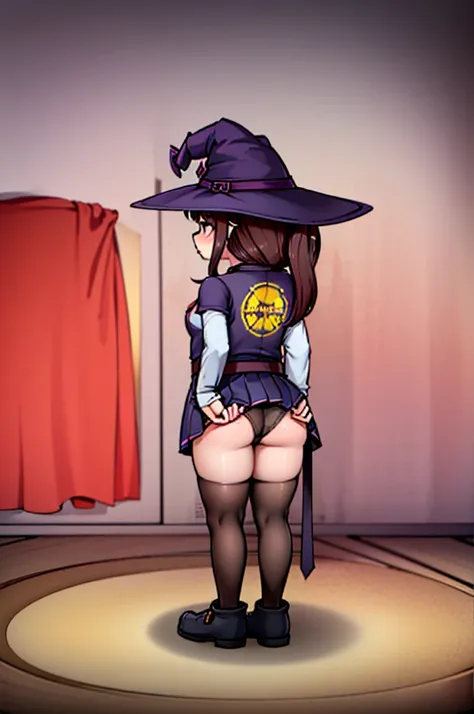 Witch Hat (Brown Hair) Long Hair (((Small breasts))) (Purple Eyes) (((child))) (Slanted Eyes) (((low length))) ,(Turn around)  (((solo))),  Embarrassed,  blush, uniform、Im pulling up my skirt (((A girl farts)))Standing with legs together
、(Holding on)((Her...