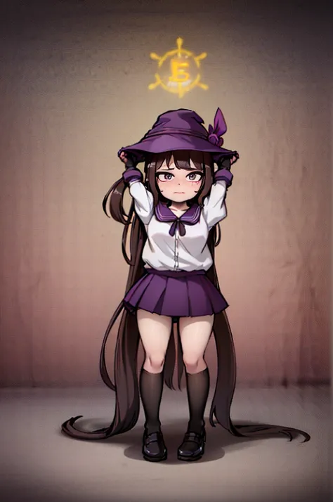 Witch Hat (Brown Hair) Long Hair (((Small breasts))) (Purple Eyes) (((child))) (Slanted Eyes) (((low length))) ,(Turn around)  (((solo))),  Embarrassed,  blush, uniform、Im pulling up my skirt (((A girl farts)))Standing with legs together
、(Holding on)((Her...