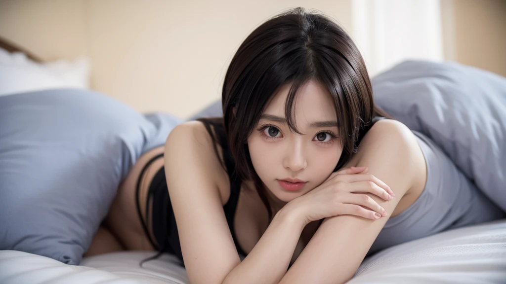 An anime lady wearing only underwear,Lying in bed,Gasping