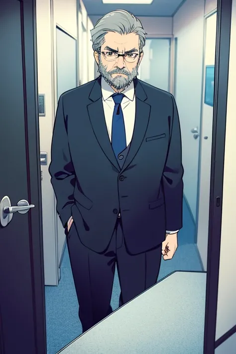 middle aged man, 50 years, frame glasses, door, elegance and severity, dressed in a suit in an office, gray hair and beard, angry face, resemblance to Hayao Miyazaki. 