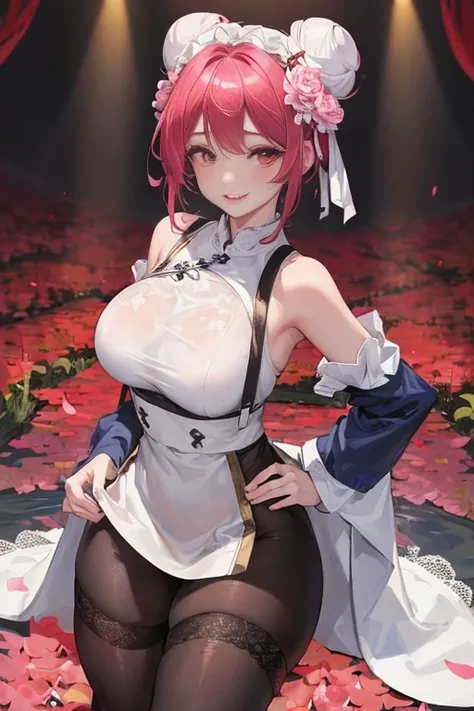 tmasterpiece、Need、1female、Blue cheongsam，Ancient style China、 White cloth bun bun bun、Shoulder leakage、The chest is large、chubbiness、ssmile、Black suspender tights、lace leggings、pale pink lip、hot springs，（drenched all over the body），legs are open， 独奏, White...