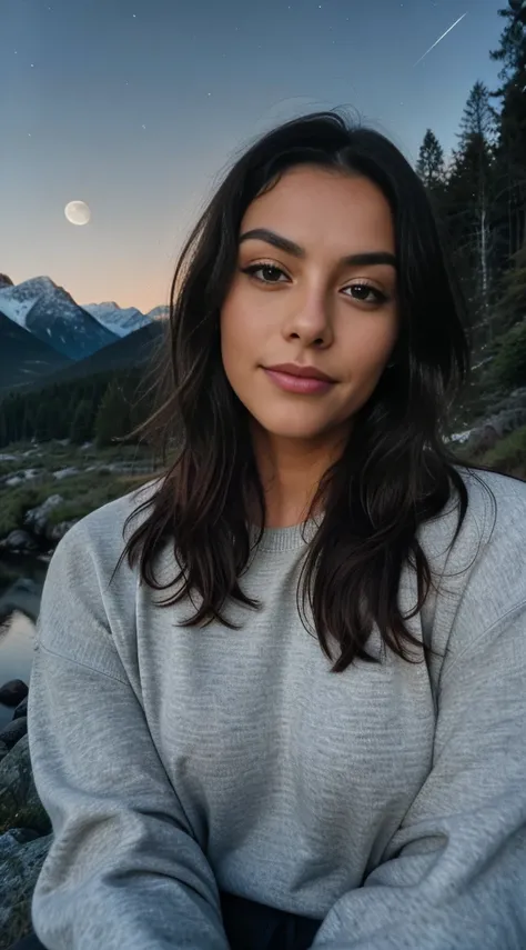 photorealistic, best quality, hyper detailed, beautiful woman, selfie photo, upper body, solo, wearing pullover, 3 different style and cloths ,outdoors, (night), mountains, real life nature, stars, moon, (cheerful, happy), sleeping bag, gloves, sweater, fl...