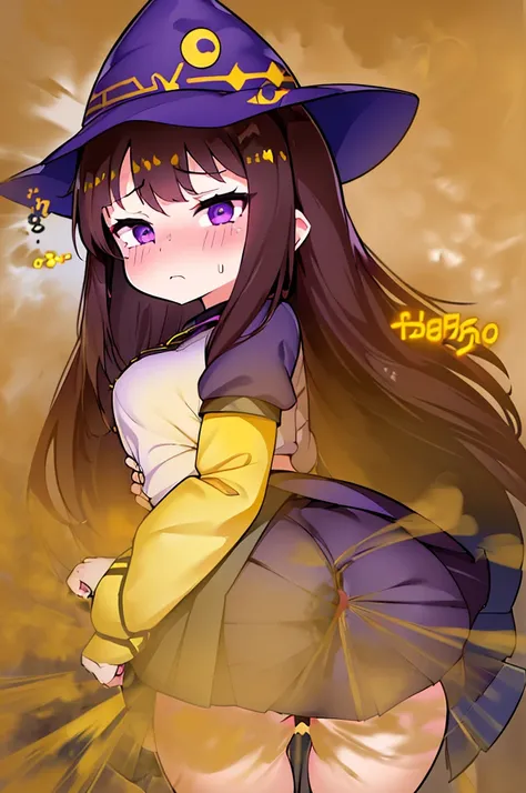 Witch Hat (Brown Hair) Long Hair (((Small breasts))) (Purple Eyes) (((child))) (Slanted Eyes) (((low length))) ,(Turn around)  (((solo))),  Embarrassed,  blush, uniform、(Im pulling up my skirt) (((A girl farts)))Standing with legs together
、(Holding on)(((...