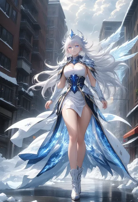 anime, A giant ice goddess, clothes made of ice, higher than clouds, uses miracles to create blizzards, snow storm, giant whirlwinds, terrible destruction, thunder that descends on the city, light of apocalypse , surreal , detailed , full body , big breast...