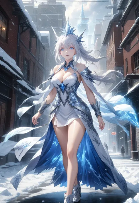 anime, A giant ice goddess, clothes made of ice, higher than clouds, uses miracles to create blizzards, snow storm, giant whirlwinds, terrible destruction, thunder that descends on the city, light of apocalypse , surreal , detailed , full body , big breast...