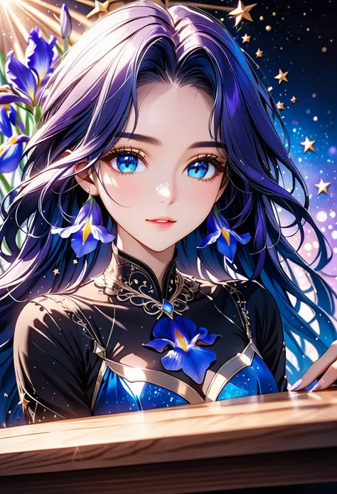 a facial close up picture of an astrologist whose ((irises are colored deep blue filled with stars: 1.3)), who divine the future...