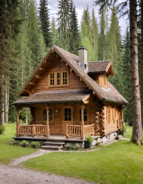 a close up of a small cabin with a porch and a porch, log cabin, wooden cottage, cottagecore, cabin in the woods, log homes, cottagecore!!, peaceful wooden mansion, wooden house, cottage in the woods, old cabin, log cabin beneath the alps, luxurious wooden...