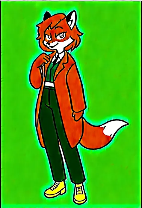 Solo female, Furry, Red fox, Red medium length hair, wavy ends, Red eyes with black screed, Fluffy fox tail with devil horns, 1920s fashion, Black tie with a watch on it, Burgundy long jacket, Dark white shirt, black trousers, brown shoes