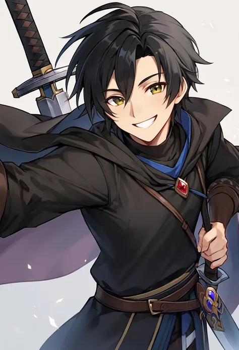 human male, dnd, adventurer, black hair, black cloth,small smile, sword, tan skin