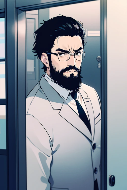 middle aged man, 50 years, frame glasses, door, elegance and severity, dressed in a suit in an office, black hair and beard with partially gray hair, angry face, resemblance to Hayao Miyazaki. 