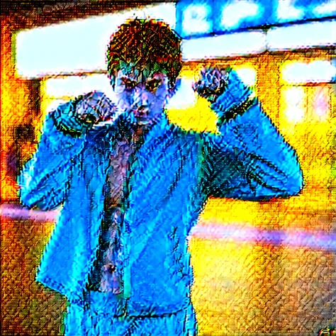 Make a male anime Fighter .yellow outfit,Hdr effects , potrait 