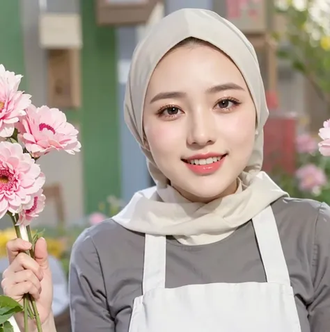 (Best quality, 8k, 32k, Masterpiece, UHaD:1.2),Photo of Pretty Japanese hijab woman, large breasts, oversize crew shirt. embordy logos, white apron, florist apron