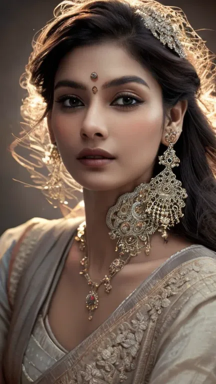 a beautiful mysterious indian woman, intricate detailed face, piercing eyes, long eyelashes, delicate skin, natural beauty, flowing hair, elegant pose, dramatic lighting, cinematic mood, muted color palette, chiaroscuro lighting, high quality, photorealist...