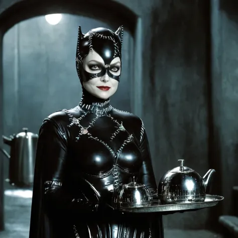 cinematic film still of  selina kyle a woman holding a tray with a silver kettle tim burton style,full body image, 2 people imag...