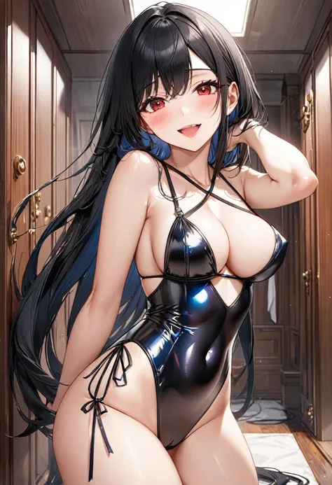 (solo:2, 18 yo straight black hair long hair cool dominance girl, sexy red eyes, cute open mouth, glossy lips, ecstasy smile, big tits), (in a detailed sexy Cross string swimsuit), break, in the castle Dressing room, BREAK, perfect anatomy, masterpiece, be...