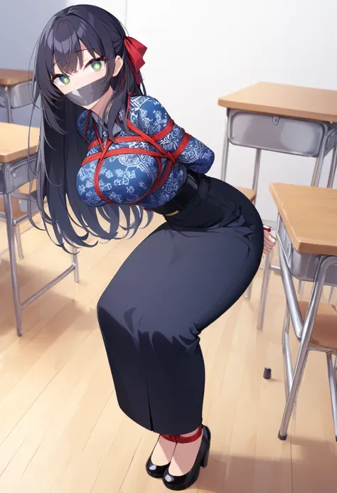 score_9, score_8_up, source_anime, 1girl, solo, long hair,black hair, hair ribbon, green eyes,high-waist skirt, The uniform features a vibrant, blue batik patterned shirt with long sleeves. A simple black belt cinches the waist.,long skirt, blue navy skirt...