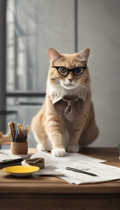 A cat wearing glasses sits at the table，On the desktop are architectural design drawings，Dressed in father&#39;s attire，Warmth，Clear picture quality，Optimal lighting，The best shadow，Very exquisite，Delicate facial expressions，Clear image quality