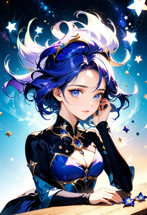 a facial close up picture of an astrologist whose ((irises are colored deep blue filled with stars: 1.3)), who divineד the future from the stars, an extraordinary beautiful woman, divining the future from the stars, there is magic in her eyes, the ((irises...