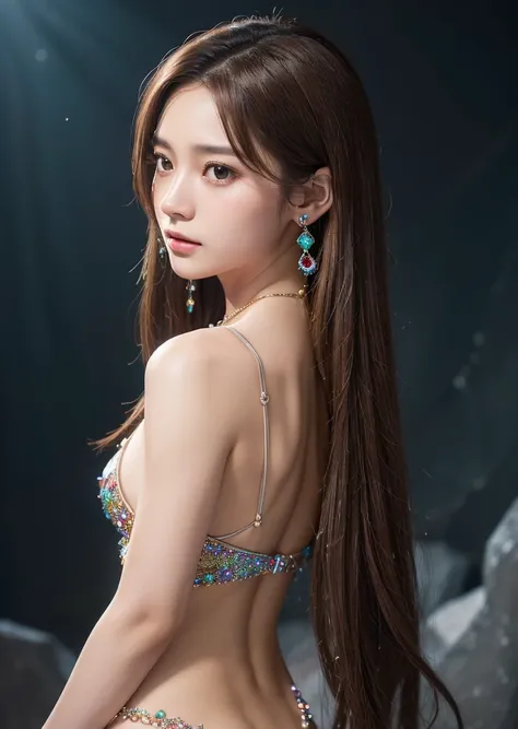 Flat Chest、(Slim body）、((Slim body))、Long Hair,masterpiece,diamond、big diamond necklace、Earrings,background of fantasy,(((Brown Hair)))、美しいきらめくcrystal玉, mystical 、Magic Ball、crystal、Fortune telling、Magical fantasy enchanted ethereal, Cinematic shots, Movie...