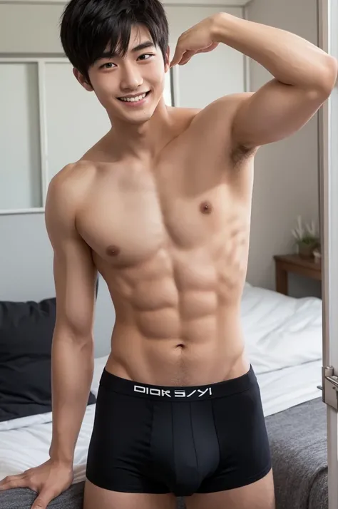 Japanese muscular male college student、Black eyes and short black hair、A friendly smile、Showing off his low rise boxer briefs