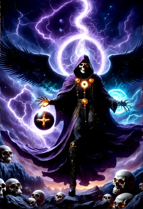 Dark Rune Astrologer,, Black Gold Astrologer,, magic void energy, Glowing eyes, Death Lightning, death energy ball floating on its Bone Hand, Casting a Spell, Energy Splitting, Bone Hand, Wearing a luxurious cloak, Astral Skull Floating, Land and rocks flo...