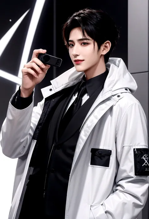 Smiling man, Arabic style image of a man wearing a white jacket and black tie, wearing space techwear, Profile shot, Cai Xukun, Model is wearing a technical vest, Won Bin Lee, Official product photos, xqc, Official product images, Official photos, Official...