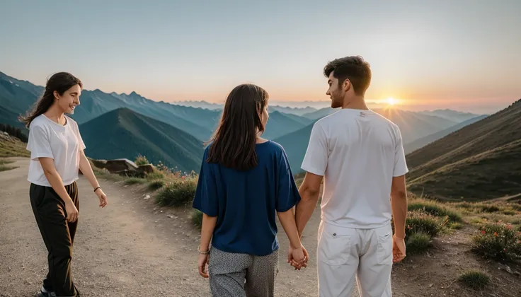 Two couples are romance in mountain.one hand Holding their hand together sun rises in background. Boy wear shirt and pant girl wear groun and top