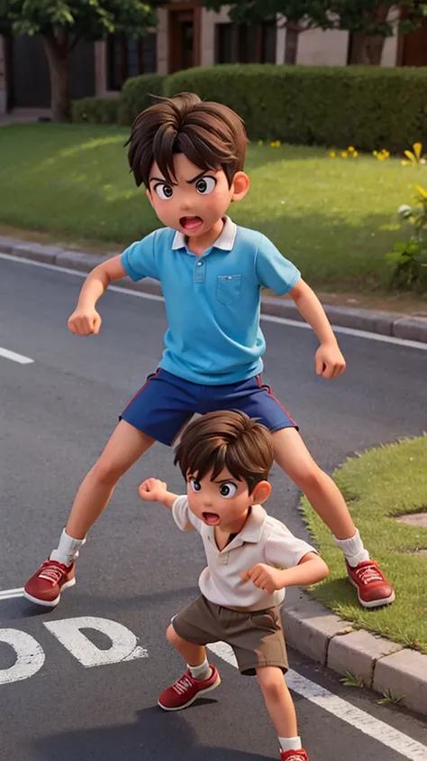 A boy fighting with another boy in road 