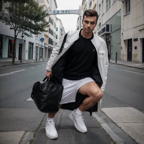 Un homme beau avec une veste noir des baskets blanches et un pentalon blanc sur une grande route 