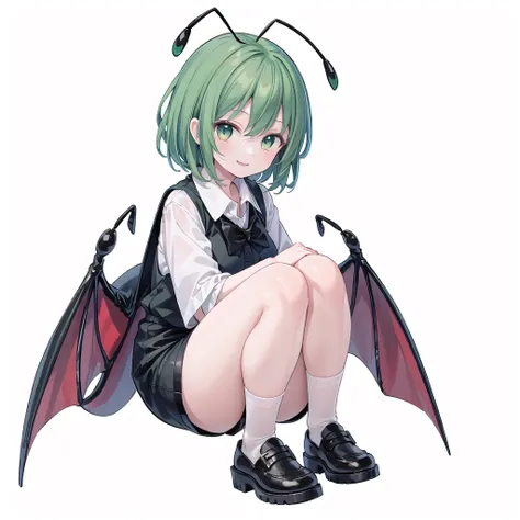 (((one girl))),(((wriggle nightbug))),(touhou),green eyes,antennae, green hair, short hair, swept bangs, white shirt, collared shirt, two-sided cape, red cape, black cape, long sleeves, short sleeves, black shorts, blue shorts,(((smile))),(((full body))),(...