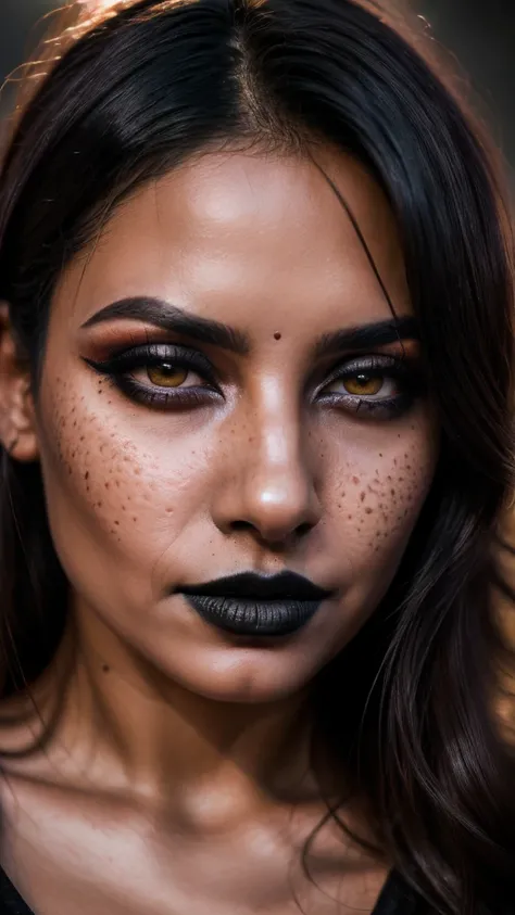 (best quality, hyperdetailed photography:1.2), beautiful Indian lady, ((dark black lipstick)), freckles, gothic makeup, soft light, curvy figure, head and breast portrait, cover, (detailed beautiful face, detail skin texture, ultra-detailed body:1.1) sexy ...