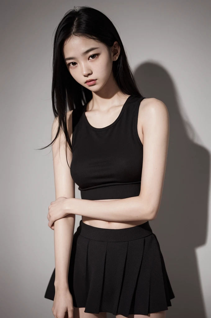 20 year old girl, black tank top, black skirt, long hair, high contrast (Natural skin texture, Hyperrealism, Soft Light, sharp), portrait, standing, kpop