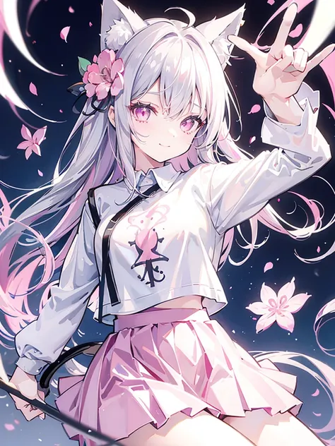 medium chest,pretty girl,smile,longing eyes,cat ear, beautiful silver hair,pink inside,beautiful pink eyes,oversized shirt,skirt...