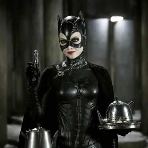 cinematic film still of  selina kyle a woman holding a tray with a silver kettle tim burton style,full body image, 2 people imag...