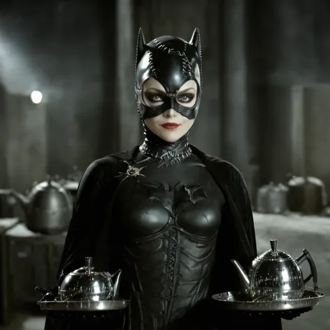 cinematic film still of  selina kyle a woman holding a tray with a silver kettle tim burton style,full body image, 2 people imag...