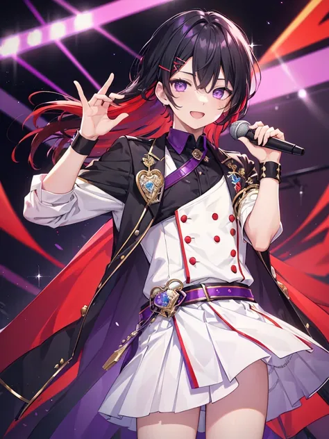 1boy, black hair, beautiful boy, ((purple eyes)), ((idol costume)), white skirt, red shirt, laugh, microphone, ((red hairpin)), medium straight hair