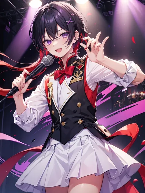 1boy, black hair, beautiful boy, ((purple eyes)), ((idol costume)), white skirt, red shirt, laugh, microphone, ((red hairpin)), medium straight hair