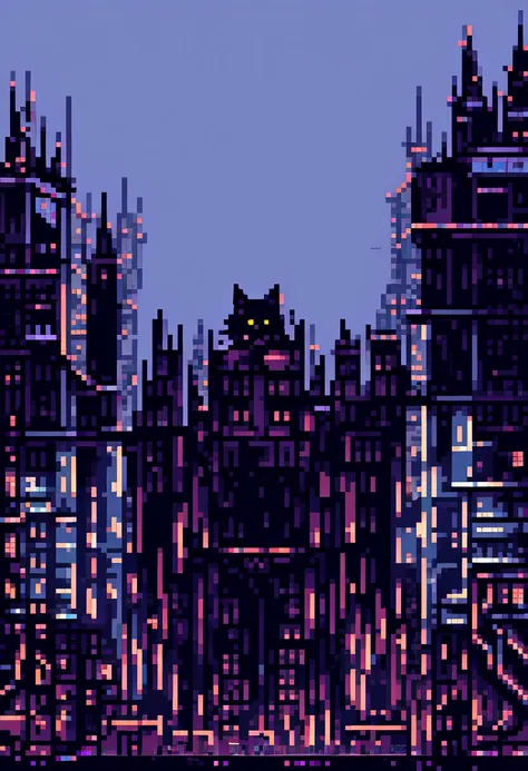 a black cat with a shiny background, detailed landscape, city of night, night city, cyber punk, devastation, huge beautiful stru...