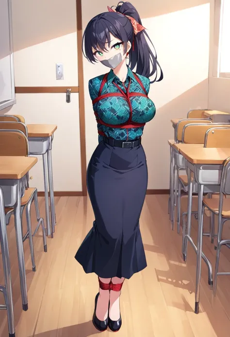 score_9, score_8_up, source_anime, 1girl, solo, long hair,black hair, hair ribbon, green eyes,high-waist skirt, The uniform features a vibrant, green batik patterned shirt with long sleeves. A simple black belt cinches the waist.,long skirt, blue navy skir...