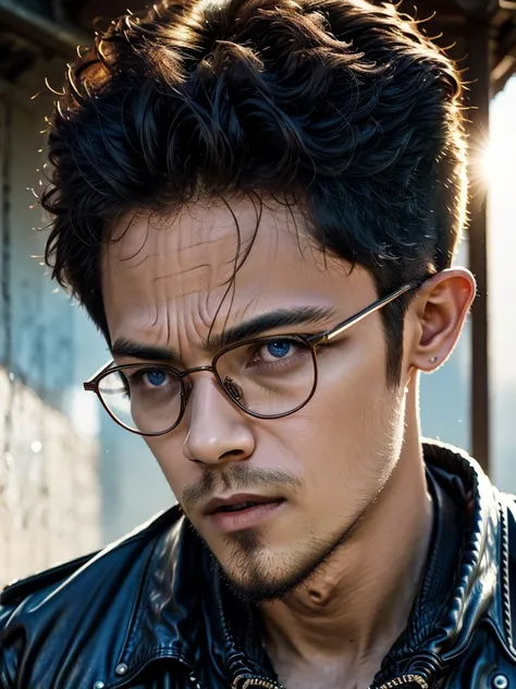 (masterpiece, best quality:1.2), 1man, close up of a man wearing glasses and a leather jacket, calm look, intense sunlight, perf...