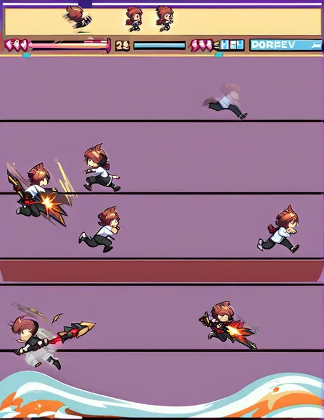 Create a sprite sheet for character animations that includes frames for movement, running, jumping, sword attack, spear attack, and bow attack.