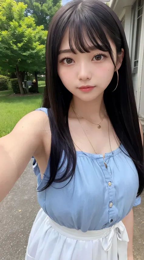 (Highest quality、、32k、masterpiece、Best Quality、Realistic）)、Small breasts、Summer clothes、clear、Selfie、Long Black Hair、Short bangs、Idol
