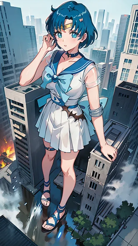 Anime style beauty masterpiece Unreal Engine precision cute girl Giant girl (Ami Mizuno in skyscraper) Short blue hair Sailor Mercury uniform ((Aerial view)) Flood Heavy rain Torrential rain Cloudy sky Dark sky Collapsed building Destroyed ((Destroyed buil...