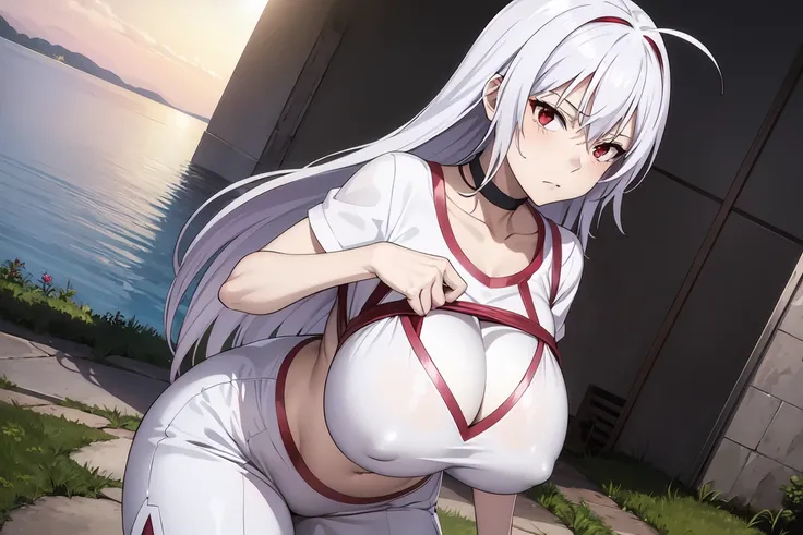 red eyes, accelerator (toaru majutsu no index), white hair, shirt, girl:1.3, massive breasts, wide hips, outdoors, lake