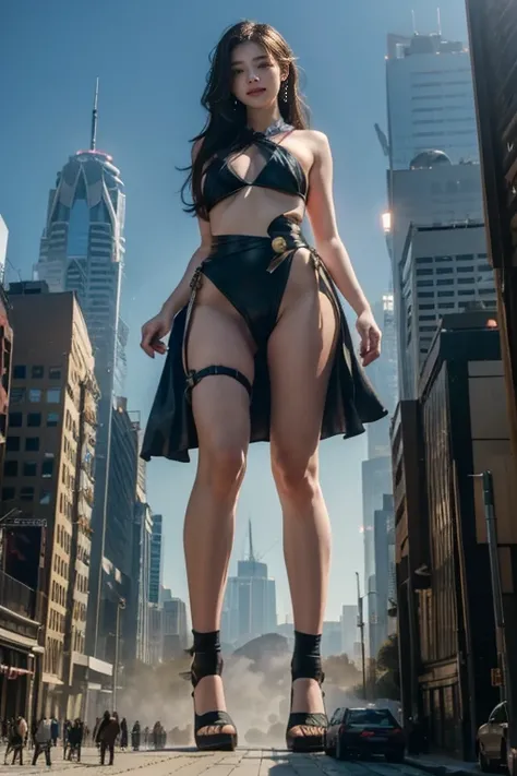 Ground View，giantesscity,giant girl 500 feet high，tiny skyscrapers,Have a pair of ultra long legs,stepping in the crowd，many people in street,a pair of huge breasts，Princess， bikini ,black silk socks，Has black waist-length hair，Wearing a pair of Mary Jane ...