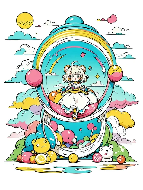 ((Stickers))，Stickers，1 Girl and Bear Character, White Background,Simple Background,Concept Art,Under Art，Anime Style，Dreamland Wonderland、Fantasy，masterpiece，High resolution，colorful，Detailed explanation，Seven Colors,(Highest quality,masterpiece, Complex,...