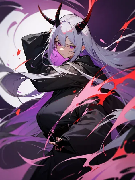 Tai Chi Black Ninja Long Silver Hair Demon Horns Purple Eyes