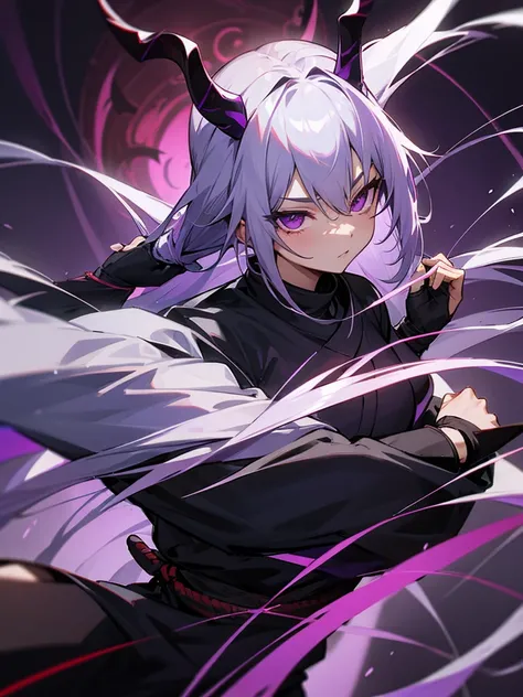 Tai Chi Black Ninja Long Silver Hair Demon Horns Purple Eyes