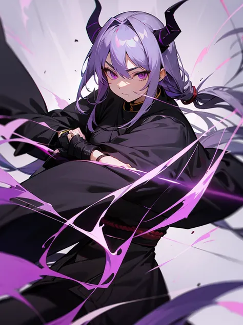 Tai Chi Black Ninja Long Silver Hair Demon Horns Purple Eyes