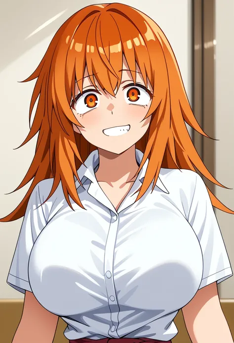 (masterpiece), best quality, expressive eyes, solo, perfect face, orange eyes, orange hair, maki gamou, white shirt, large breasts